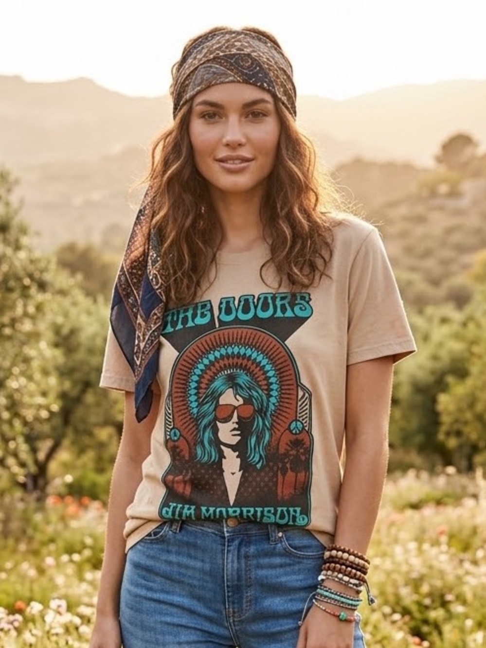 The Doors Jim Morrison Graphic Tee - Beige with Turquoise Accents